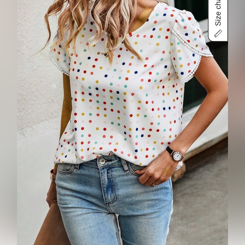 🗽Multicolor Polka Dot Women's Top | L | Tulip Sleeves | Round Collar